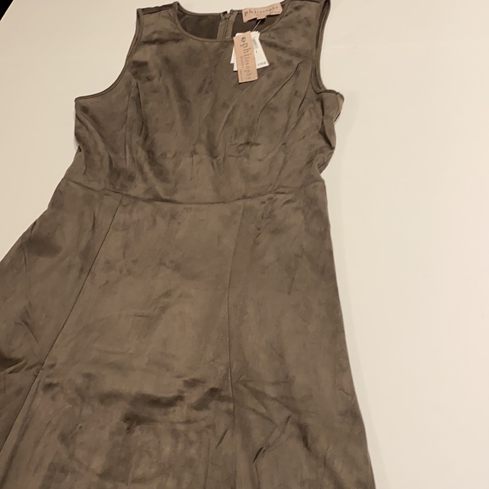Philosophy SZ 8 Faux Leather Sleeveless A-Line Dress Heather Taupe New - Picture 13 of 13